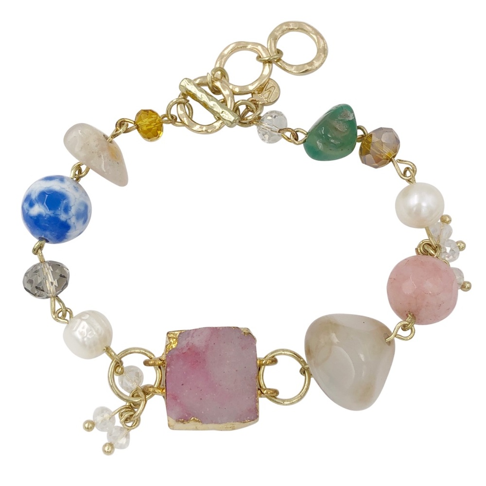 Multicolor Mixed Stone Pink Druzy Beaded Strand Toggle Bracelet